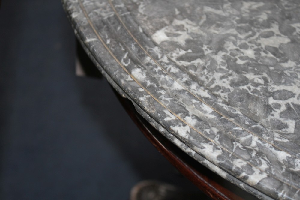 A French mahogany centre table, with simulated marble painted pine top, W.187cm D.80cm H.76cm